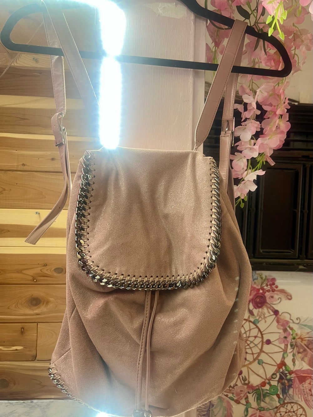 Stella McCartney Pink Suede Chain-Trim Drawstring Backpack - Picture 8 of 16